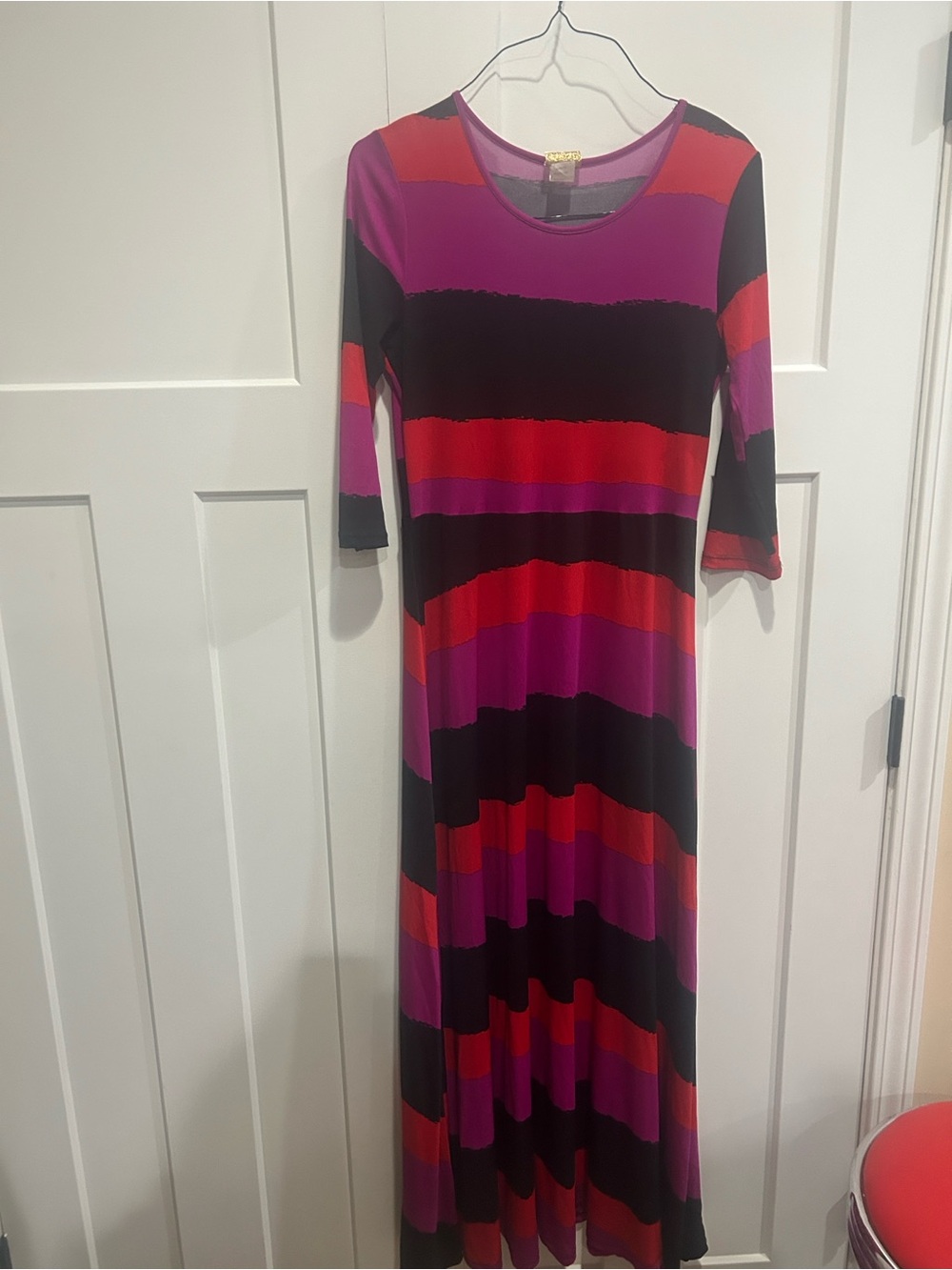 Striped Purple, Red & Black Maxi Dress — 3/4 Sleeve